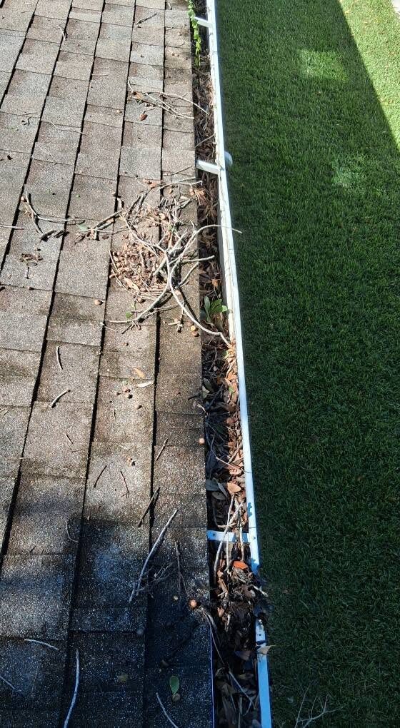 Gutters clogged with debris before cleaning by Dan's Service & Repair, LLC